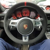 991, GEN 1 GT3 SPORT design (with Paddles)  - Original thickness Dark grey Alcantara 9002 + Red ALCANTARA centre stripe, Dark grey 416 stitching