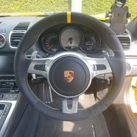 981  SPORT design (with Paddles) - Perforated leather on sides,  Dark grey Alcantara 9002 top/bottom + Yellow centre stripe, Yellow stitching