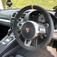 981  SPORT design (with Paddles) - Perforated leather on sides,  Dark grey Alcantara 9002 top/bottom + Yellow centre stripe, Yellow stitching
