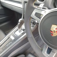981  SPORT design (with Paddles) - Perforated leather on sides,  Dark grey Alcantara 9002 top/bottom + Yellow centre stripe, Yellow stitching