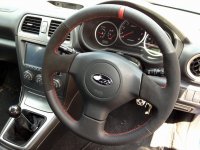 Impreza STI 05-07 - thicker 2mm black alcantara 9040 sides, Black perforated leather topbottom + red cente stripe at 12 o'clock, Red Stitching 2
