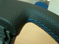 Impreza STI 05-07 - thicker Black perforated leather + blue cente stripe at 12 o'clock, blue 1318 Stitching 2