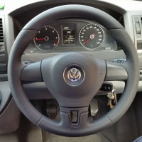 VW ​T5 Facelif - Perforated leather on sides, Smooth top-bottom, ​Black ​stitching