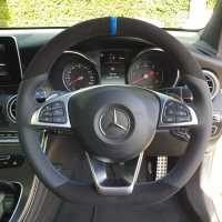 W205-amg-line-with-Paddles-Slighlty-thicker-Perforrated-leather-on-sides-Black-Alcantara-9040-top-bottom-BLUE-centre-stripe-BLUE-1318-stitching-1