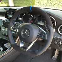 W205-amg-line-with-Paddles-Slighlty-thicker-Perforrated-leather-on-sides-Black-Alcantara-9040-top-bottom-BLUE-centre-stripe-BLUE-1318-stitching-2