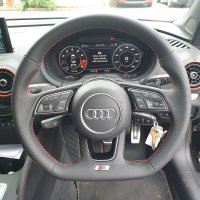 Audi S3 / S4 (with paddles) - Original thickness, Perforated leather on sides, Smooth leather top-bottom , Red stitching 1