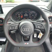 Audi S3 / S4 (with paddles) - Original thickness, Perforated leather on sides, Smooth leather top-bottom , Red stitching 1