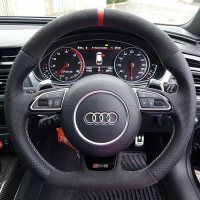Audi-RS6-2015-with-paddles-Perofrated-leather-on-sides-Dark-grey-Alcantara-9002-topbottom-Red-centre-stripe-Silver-412-Stitching