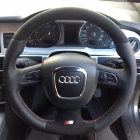 A4,A6,Q5,Q7 3 spoke s-line with paddles - modified + flat bottom, perforated sides, black alcantara top-bottom, silve and red stitching 1