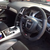 A4,A6,Q7 3 spoke s-line with paddles - modified + flat bottom, perforated sides, black alcantara top-bottom, silve and red stitching 2