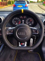 Audi S3 ( flat bottom with paddles)- slighlyt thicker (2mm), perforated leather sides, nappa top-bottom + yellow centre band, yellow stitching