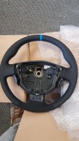 Clio 182 - Thumb grips re-built, Smooth leather wirh dark grey alcantara 9002 Bottom section + Blue centre stripe, Blue 1318 sitching