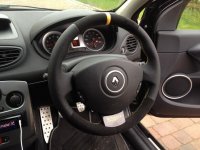 Clio 197 - Perforated leather on the sides, Black alcantara 9040 top bottom + Yellow centre stripe at 12 o'clock, Yellow stitching 2