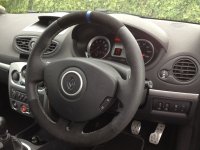 Clio 197 - Perforated leather on sides, Black alcantara 9040 top/bottom + Blue leather marker at 12 o'clock, silver stitching 3