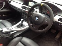 E87,E90, E92 M-sport - padded, black alcantara 9040 + Yellow centre band at 12 o'clock, silver stitching