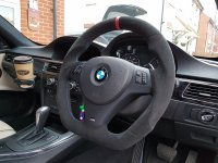 E92 M3 DCT - Flat Bottom + PROFILE, Black Alcantara 9040 + Red stripe at 12 o'clock, M-stitching 3