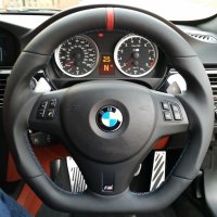 E92 M3 DCT - Flat Bottom modification + PROFILES, Smooth Nappa leather + Red stripe at 12 o'clock, M-stitching 1
