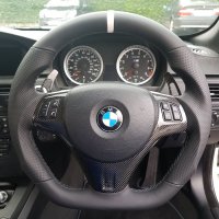 E92 M3 DCT (with Paddles)  - Flat Bottom modification + PROFILES, Perofrated leather on sides, Smooh top-bottom + White centre stripe, Dark grey stitching
