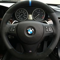 E92 M-spot(wth Paddles) - Modified with Flat bottom, Padded, Perforated leather on sides, Black Alacantara top-bottom + Blue centre stripe at 12, M stitching  1