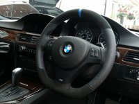 E92 M-spot(wth Paddles) - Modified with Flat bottom, Padded,  Perforated leather on sides, Black Alacantara top-bottom + Blue centre stripe at 12, M stitching  2