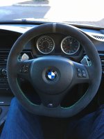E92 M3 DCT + Flat bottom, Dark grey Alcantara 9002 + Mid grey centre stripe, Lime Green 1427 stitching