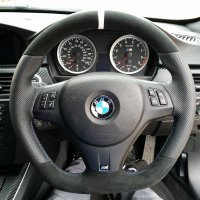 E92 M3 Manual - Padded, Flat bottom modification, Perforated leather on sides, Black Alcantara  topbottom section + White centre stripe at 12 o'clock, M-stitching 1