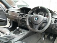 E92 M3 Manual - Padded, Flat bottom modification, Perforated leather on sides, Black Alcantara  topbottom section + White centre stripe at 12 o'clock, M-stitching 2