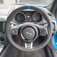 Jaguar-F-type-HEATED-Slighlty-thicker-Thumb-grips-added-Perforated-leather-on-sides-Smooth-leather-top-bottom-Blue-centre-stripe-Silver-412-stitching-1