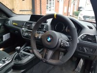 F20 F30 M-sport  - Modification with Flat bottom, Black Alcantara 9040 on sides, Smooth leather top/bottom + Yellow centre stripe, German Flag stitching