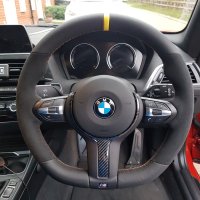 F20 F30 M-sport  - Modification with Flat bottom, Black Alcantara 9040 on sides, Smooth leather top/bottom + Yellow centre stripe, German Flag stitching