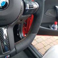 F20 F30 M-sport  - Modification with Flat bottom, Black Alcantara 9040 on sides, Smooth leather top/bottom + Yellow centre stripe, German Flag stitching