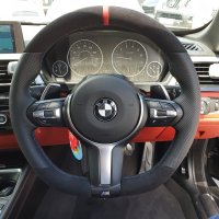 F20 F30 M-sport - Modification with Flat bottom , Perforated leather on sides, Black Alcantara 9040 top/bottom + Red centre stripe, M-stitching