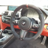 F20 F30 M-sport - Modification with Flat bottom , Perforated leather on sides, Black Alcantara 9040 top/bottom + Red centre stripe, M-stitching