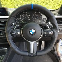 F20 F30 M-sport - Full Modification with Flat bottom + PROFILES, Perforated leather on sides, Smooth leather top/bottom + BLUE centre stripe, M tri stitching