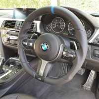 F20 F30 M-sport - Full Modification with Flat bottom + PROFILES, Perforated leather on sides, Smooth leather top/bottom + BLUE centre stripe, M tri stitching