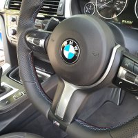 F20 F30 M-sport - Full Modification with Flat bottom + PROFILES, Perforated leather on sides, Smooth leather top/bottom + BLUE centre stripe, M tri stitching