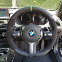 F20 F30 M-sport  - Modification with Flat bottom, Black Alcantara 9040 on sides, Smooth leather top/bottom + Green centre stripe, M-stitching