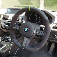 F20 F30 M-sport  - Modification with Flat bottom, Black Alcantara 9040 on sides, Smooth leather top/bottom + Green centre stripe, M-stitching 1