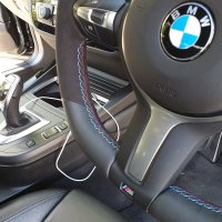 F20 F30 M-sport  - Modification with Flat bottom, Black Alcantara 9040 on sides, Smooth leather top/bottom + Green centre stripe, M-stitching 2