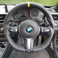 F20 F30 M-sport - Full Modification with Flat bottom + PROFILES, Perforated leather on sides, Smooth leather top/bottom + Yellow centre stripe, Yellow stitching
