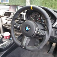 F20 F30 M-sport - Full Modification with Flat bottom + PROFILES, Perforated leather on sides, Smooth leather top/bottom + Yellow centre stripe, Yellow stitching