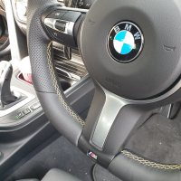 F20 F30 M-sport - Full Modification with Flat bottom + PROFILES, Perforated leather on sides, Smooth leather top/bottom + Yellow centre stripe, Yellow stitching