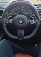 F20 F30 M-sport - Full Modification with Flat bottom + PROFILES, Perforated leather on sides, Smooth leather top/bottom + Red centre stripe, M-stitching