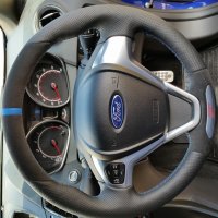 Fiesta ST 2014 - Perforated leather on sides, Black alcantara top-bottom + Blue centre stripe at 12 o'clock, Blue 1318 stitching 1