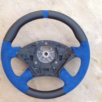 Focus mk1 - Imperial Blue Alcantara on sides sides, Smooth leather top-bottom + Blue Alcantara centre stripe at 12 o'clock, Black stitching