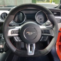 Mustang 2016 – Thicker, Thumb gripsadded + Flat bottom, Perforated leather on sides, Alcantara top-bottom ,Orange stitching 1