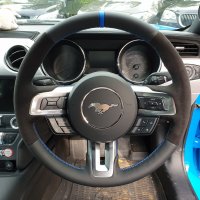 Mustang GT 2015-2018 - Black Alcantara 9040 sides, Nappa top/bottom + Blue centre stripe at 12 o’clock , Blue 1318 stitching
