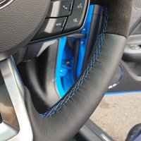 Mustang GT 2015-2018 - Black Alcantara 9040 sides, Nappa top/bottom + Blue centre stripe at 12 o’clock , Blue 1318 stitching