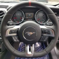 Mustang 2015 GT - Slightly thicker + Thumb grips added + Flattened bottom, Perforated leather on sides, Smooth topbottom + Red centre stripe at 12 o'clock, Mid silver stitching 1