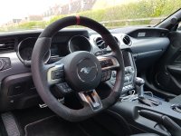 Mustang 2016 – Thicker + Flat bottom, Perforated leather on sides, Alcantara top-bottom + Red centre stripe at12 o'clock, Red stitching 2
